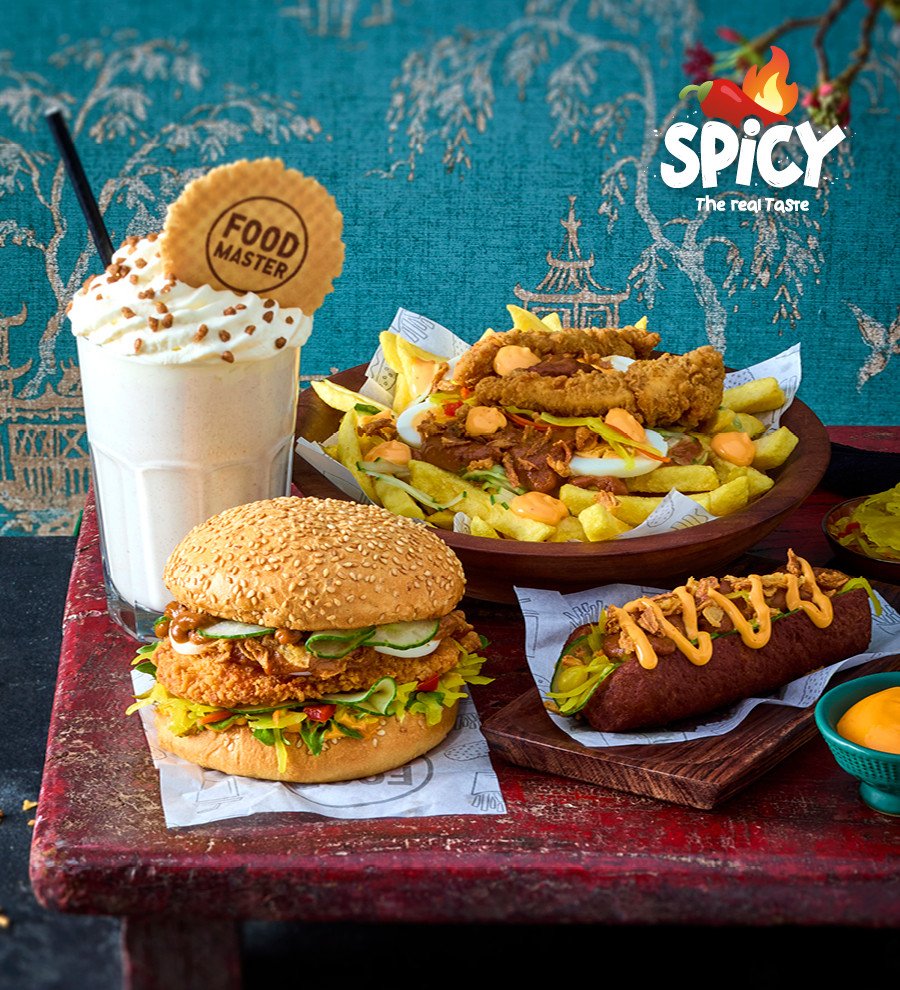 spicy weken bij foodmaster, burgers, frites, pikanto en shake